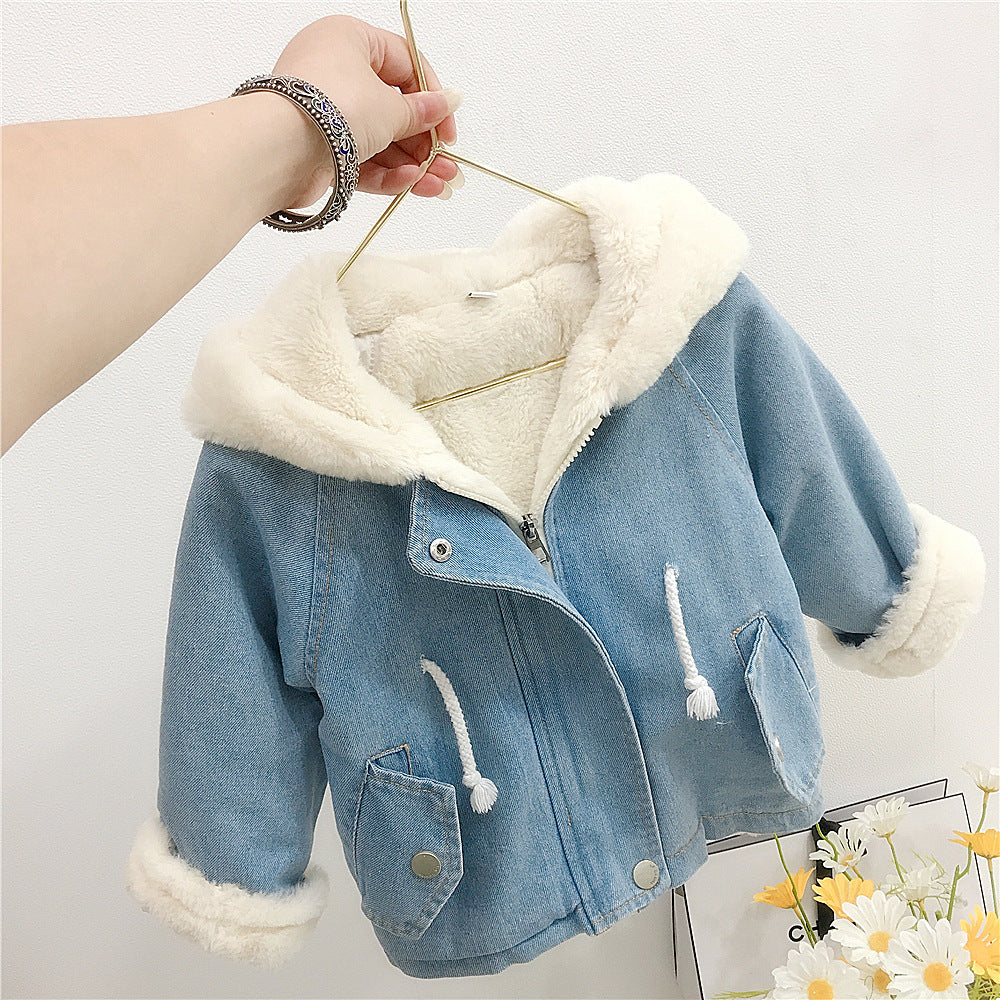 Thick Fleece-lined Denim Jacket with Rabbit Ears