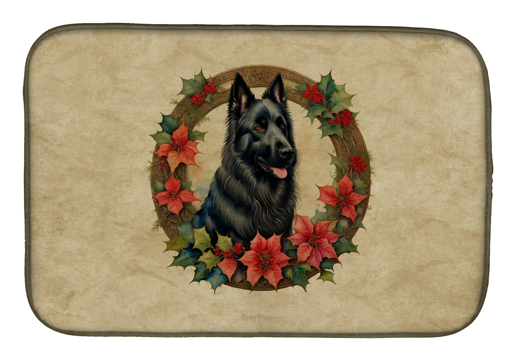 Belgian Sheepdog Christmas Flowers Dish Drying Mat