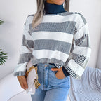 High Neck Stripe Lantern Sleeve Sweater (European/American)