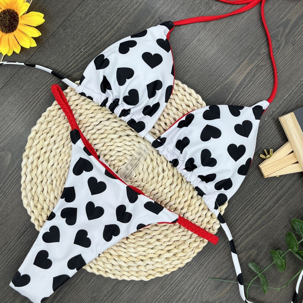 2024 New Heart Print Backless Bikini Swimsuit