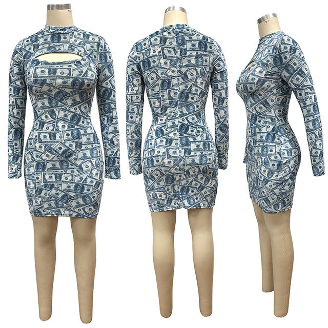 Money Print Velvet Bodycon Mini Dress with Gloves