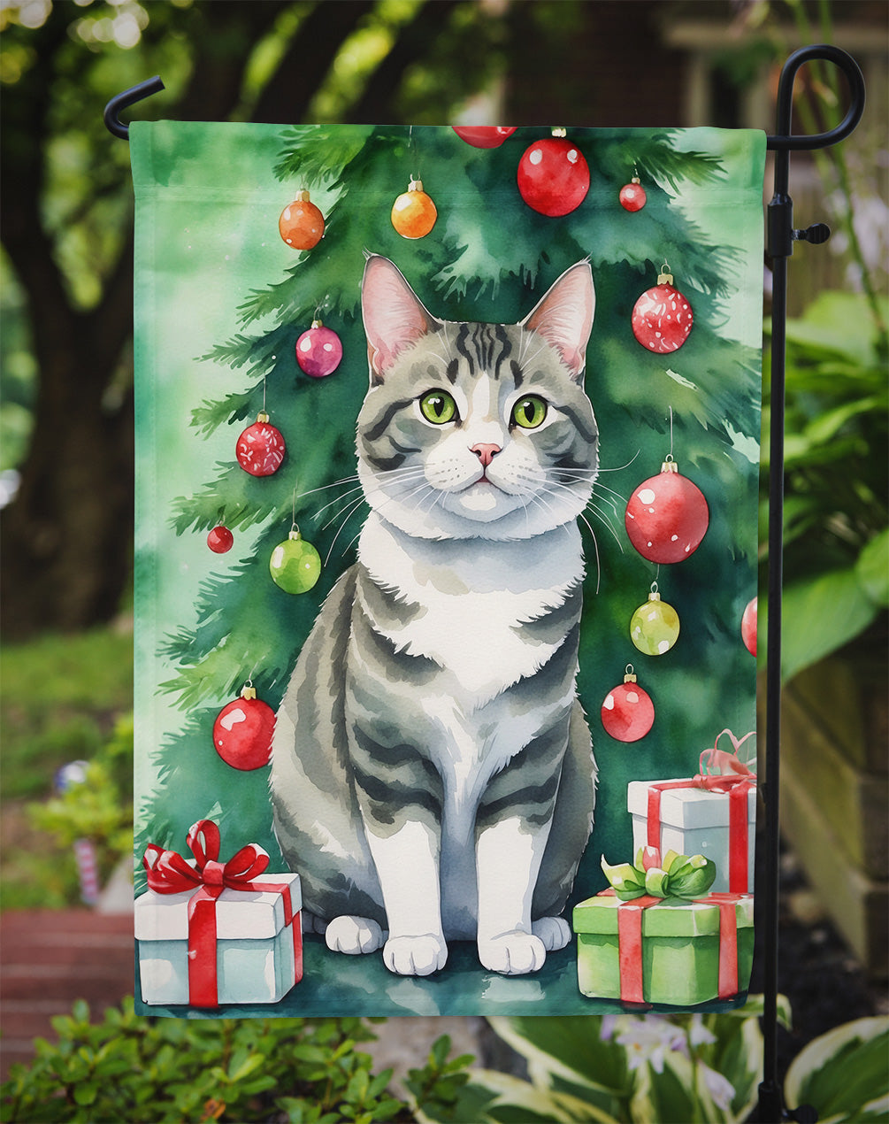 Korean Bobtail Cat By the Christmas Tree Garden Flag