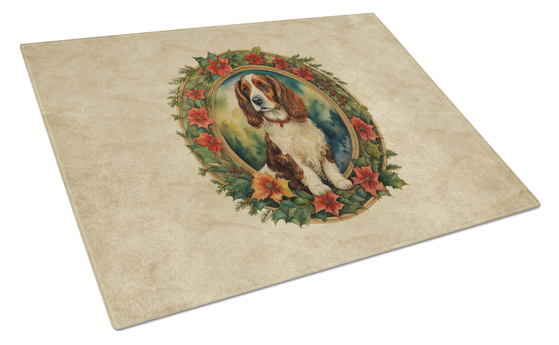 Welsh Springer Spaniel Christmas Flowers Glass Cutting Board