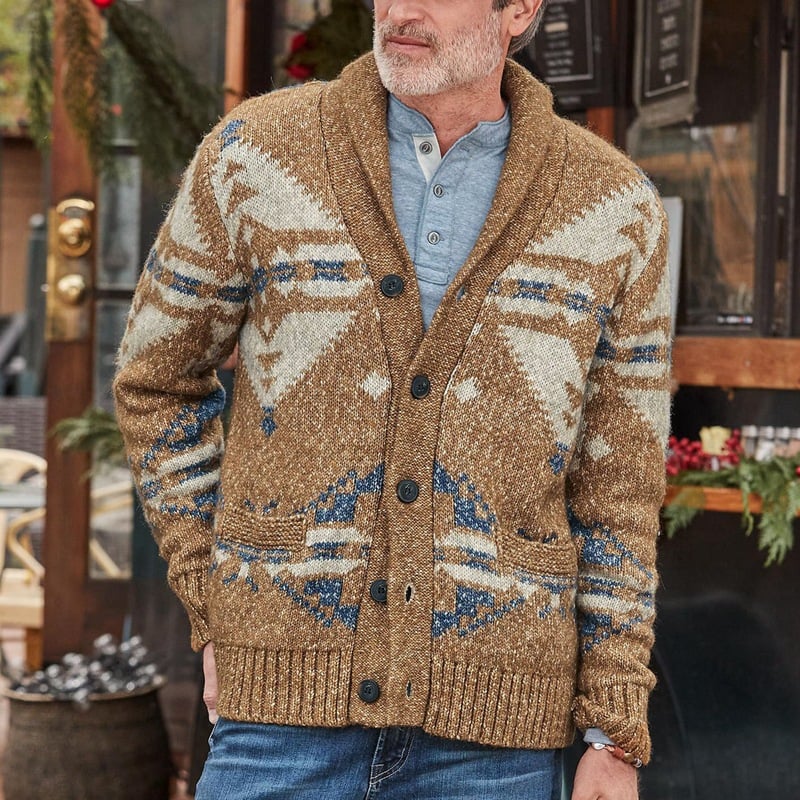 Men's Long Sleeve Lapel Cardigan in Mixed Wool