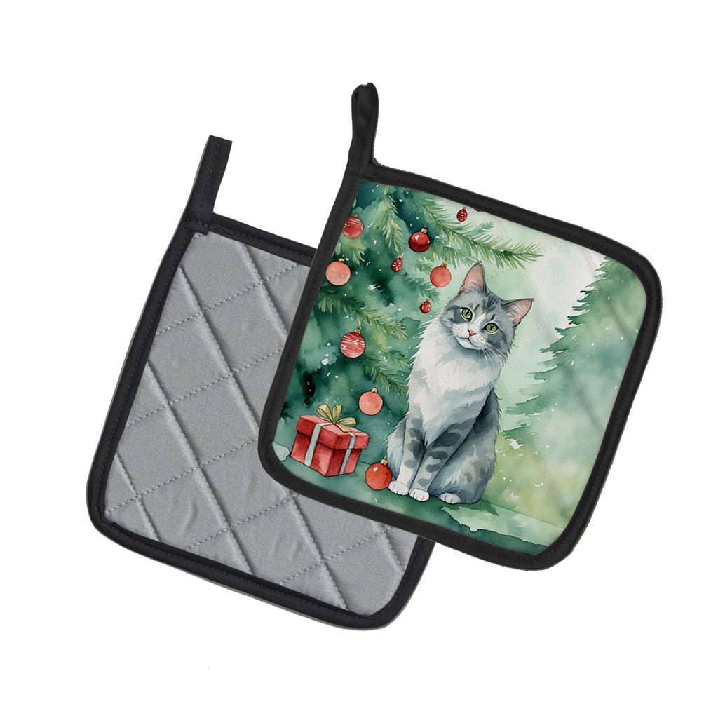 Australian Mist Cat By the Christmas Tree Pair of Pot Holders