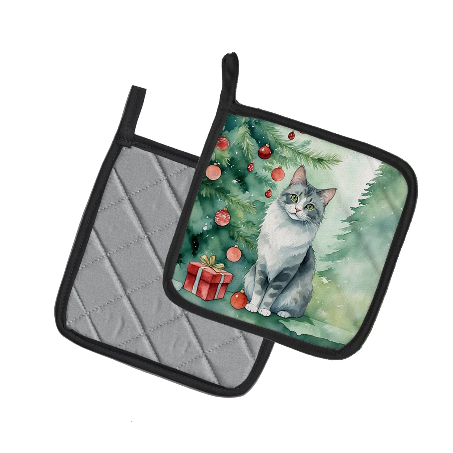 Australian Mist Cat By the Christmas Tree Pair of Pot Holders