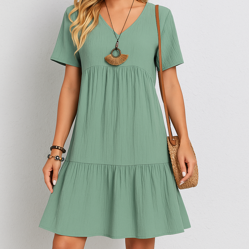 V-neck Short Sleeve Dress Summer Fashion Casual Loose Ruffled Dresses Beach Clothing Women