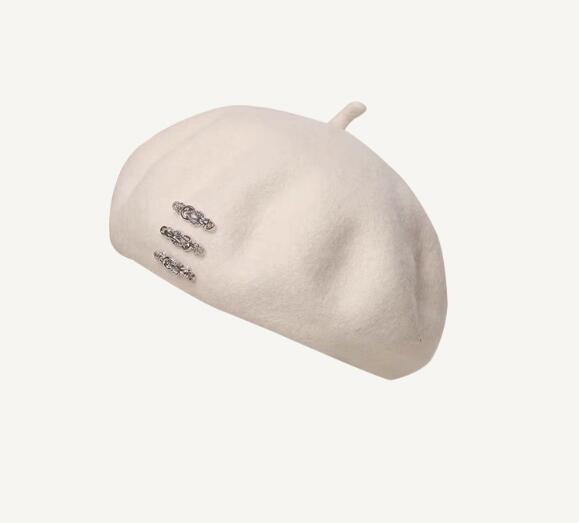 Japanese Rhinestone Wool Beret Hat for Women | Embroidered Cap