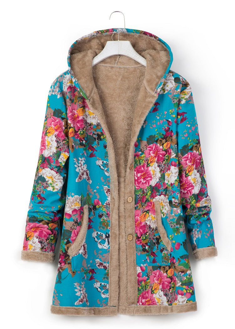 Women's Hooded Cotton Linen Print Plush Sweatshirt