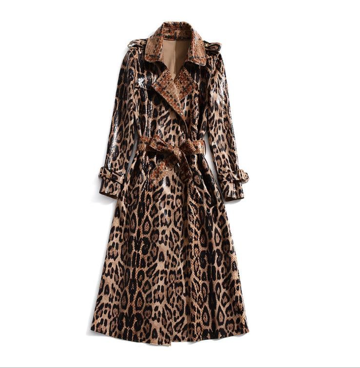 Shiny Suede Leopard Print Lace-up Trench Coat
