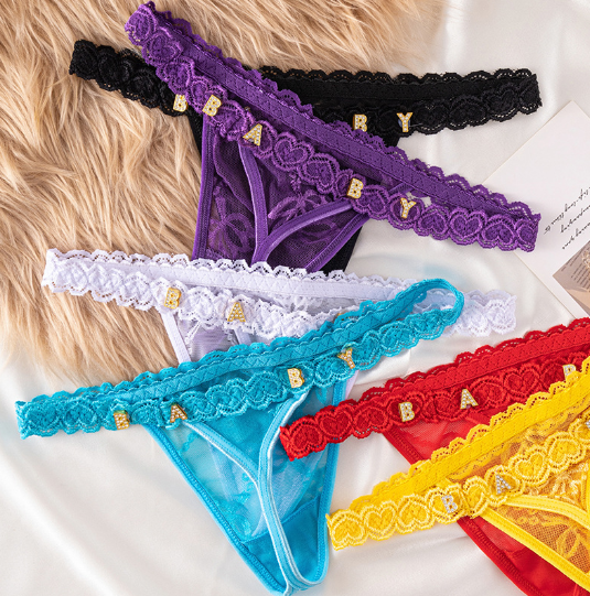 Transparent Lace Heart Thong with Rhinestone Letters