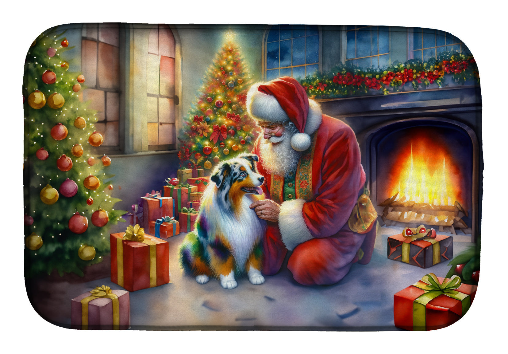 Australian Shepherd and Santa Claus Dish Drying Mat