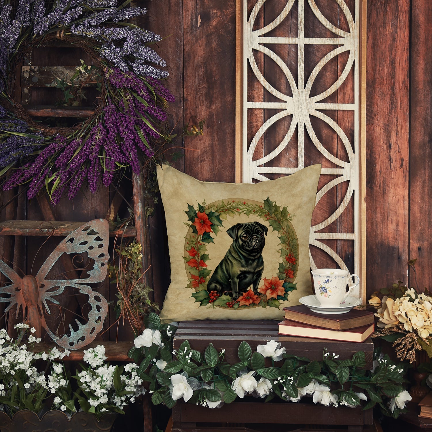 Pug Christmas Flowers Throw Pillow