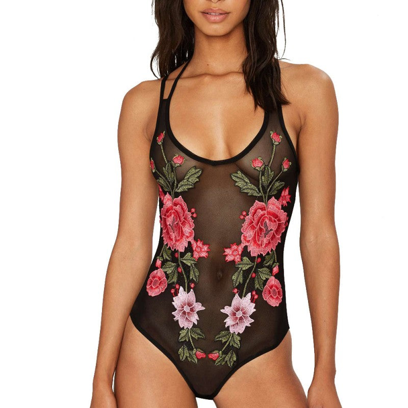 Sheer Floral Embroidered Mesh Teddy Bodysuit