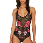 Sheer Floral Embroidered Mesh Teddy Bodysuit