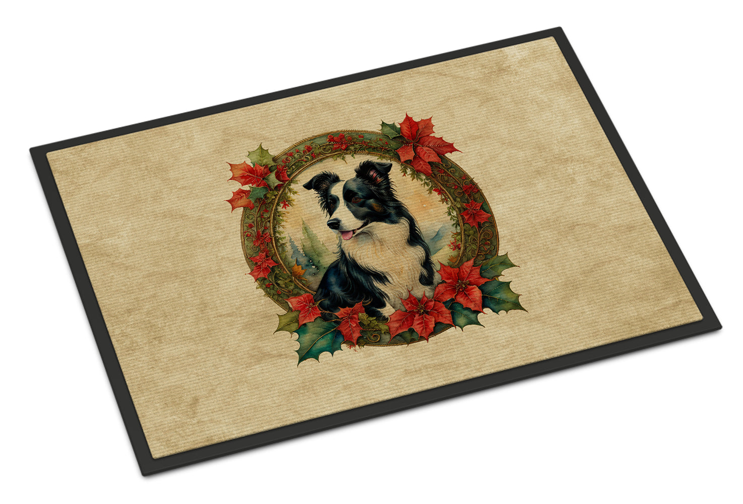 Border Collie Christmas Flowers Doormat