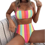 Rainbow Stripe High-Waist Bikini Set