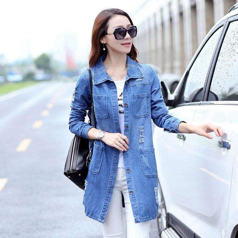 Women's Mid-length Ripped Loose Denim Jacket