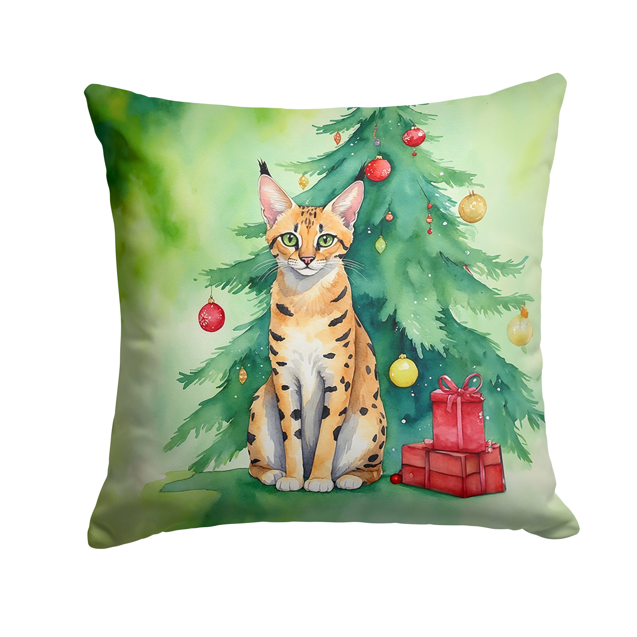 Serengeti Cat By the Christmas Tree Throw Pillow