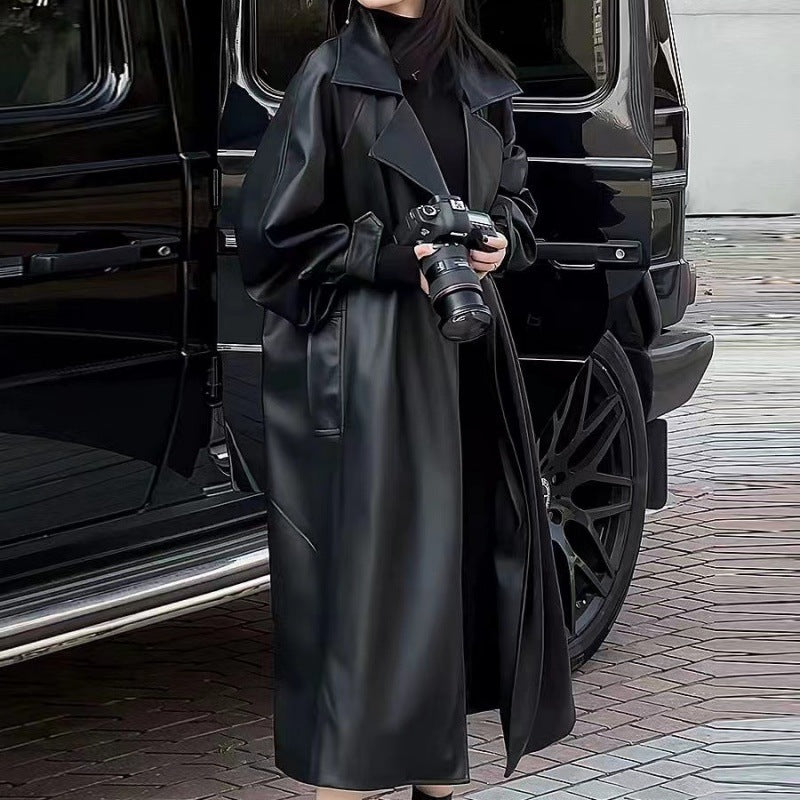 Women's Long Leather Coat Below The Knee Fashion