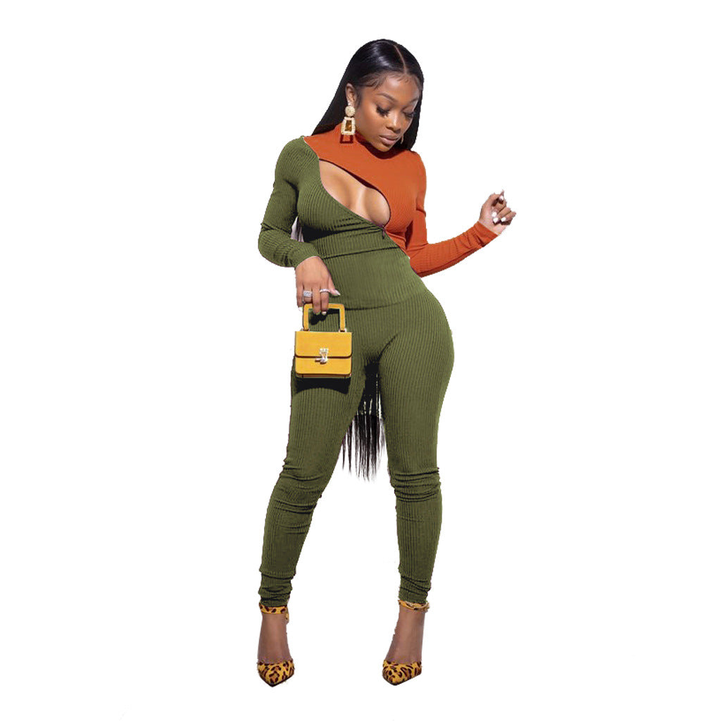 ZH5156 Sexy Women's Two-Piece Zipper Bodysuit Set