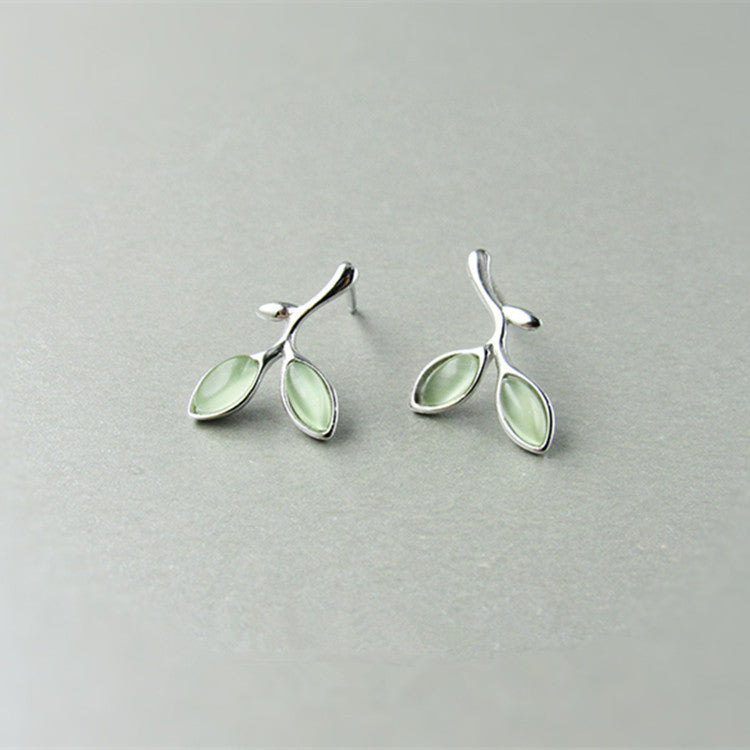 Minimalist Leaf Silver Stud Earrings with Cat's Eye
