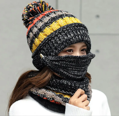 Winter Knitted Hat, Mask & Scarf Set | Embroidered Cap