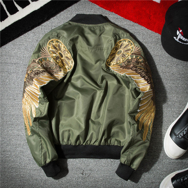 Men's Spring Hip Hop Gold Wings Embroidered Bomber Jacket