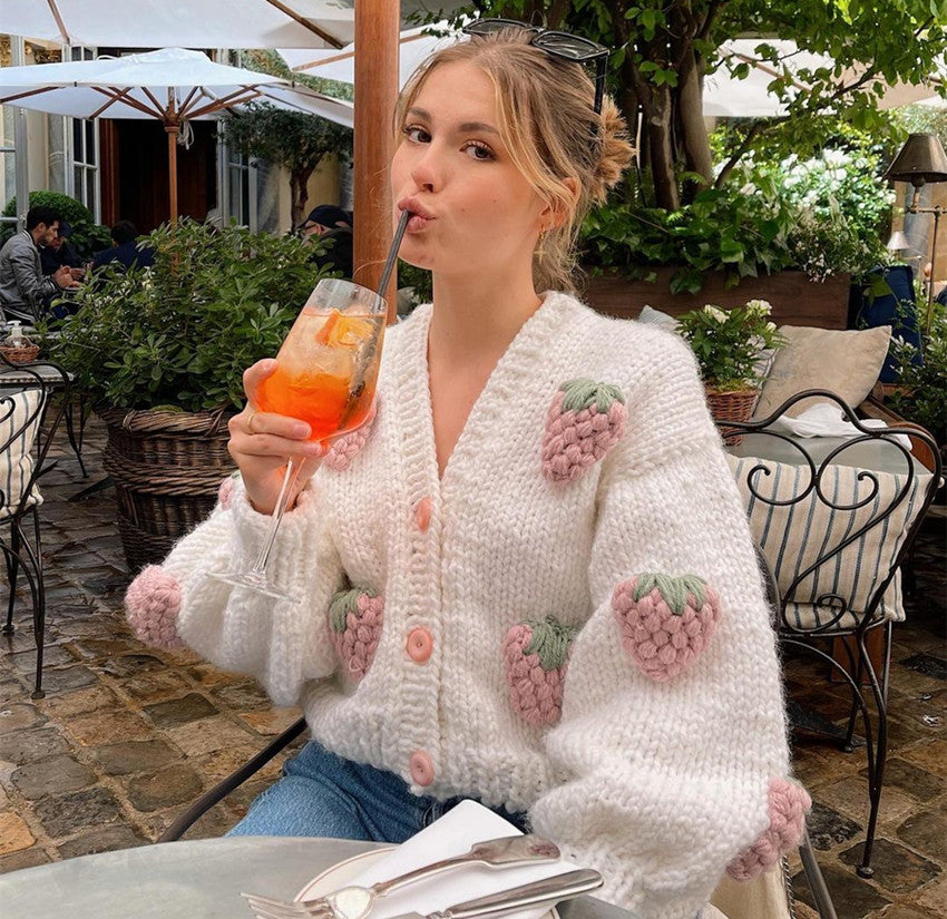 Handmade Strawberry Knitted Cardigan for Women