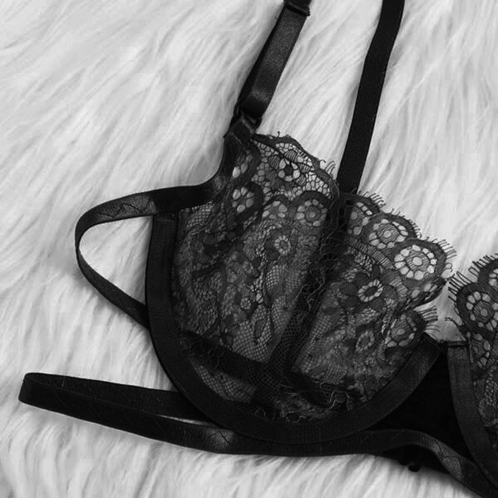 Women's Sheer Lace Strappy Bra and Thong Lingerie Set