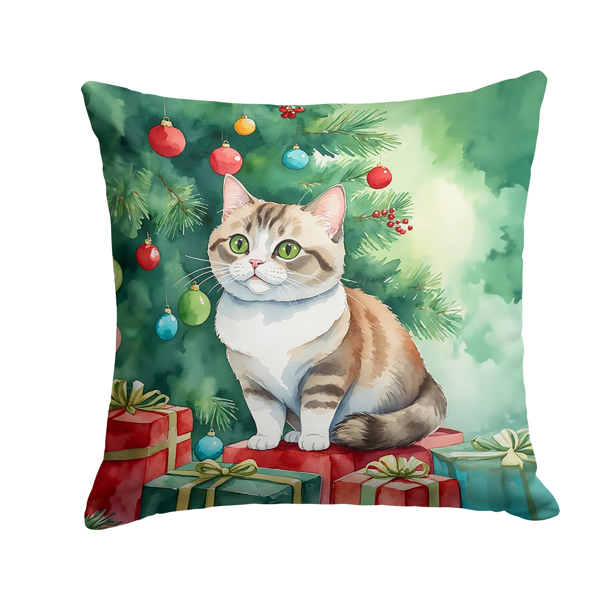 Munchkin Cat By the Christmas Tree Throw Pillow