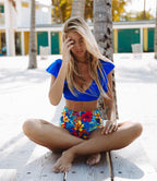 Ruffle Top Tropical High-Waisted Bikini Set
