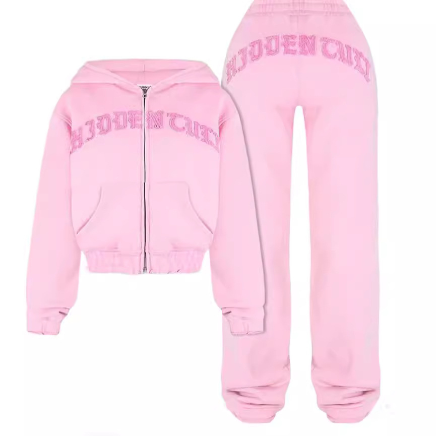 Women's Zip-up Hooded Cropped Sweatshirt and Trouser | Streetwear
