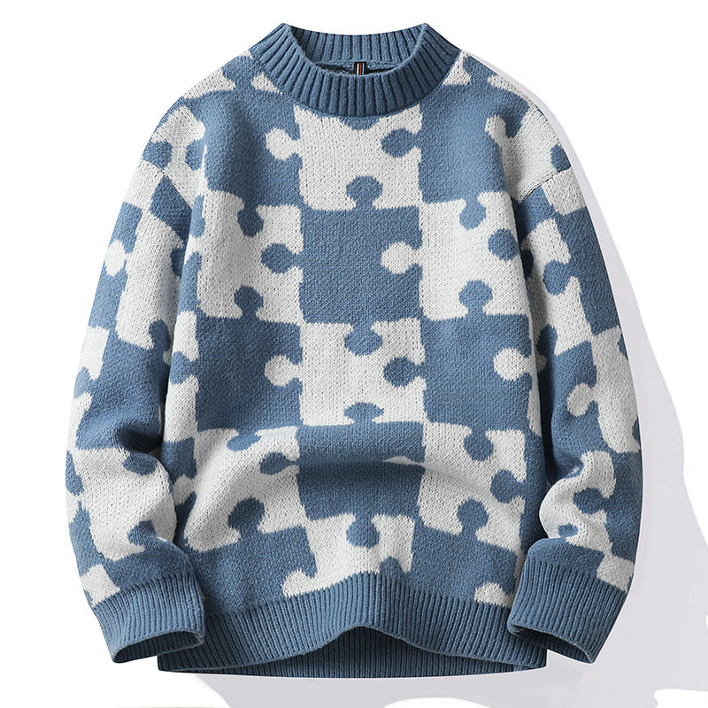 Korean Style Loose Contrast Color Round Neck Sweater