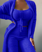 Plush Lace-up Cardigan 3-Piece Pantsuit