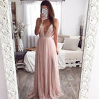 Deep V Neck Spaghetti Strap Mesh Long Dress
