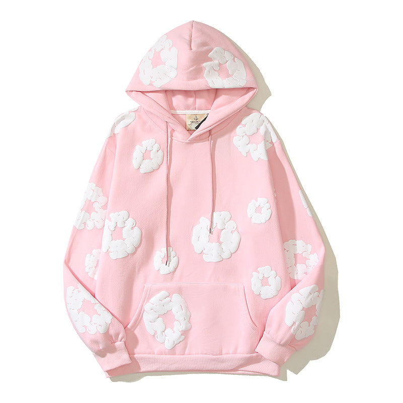 Men's Loose Hooded Sweater with Flocking Embroidery