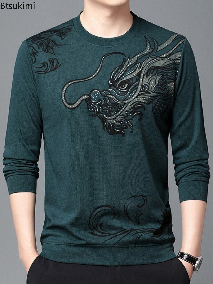 Men's Round Neck Long Sleeve Hoodie with Dragon Print | Streetwear