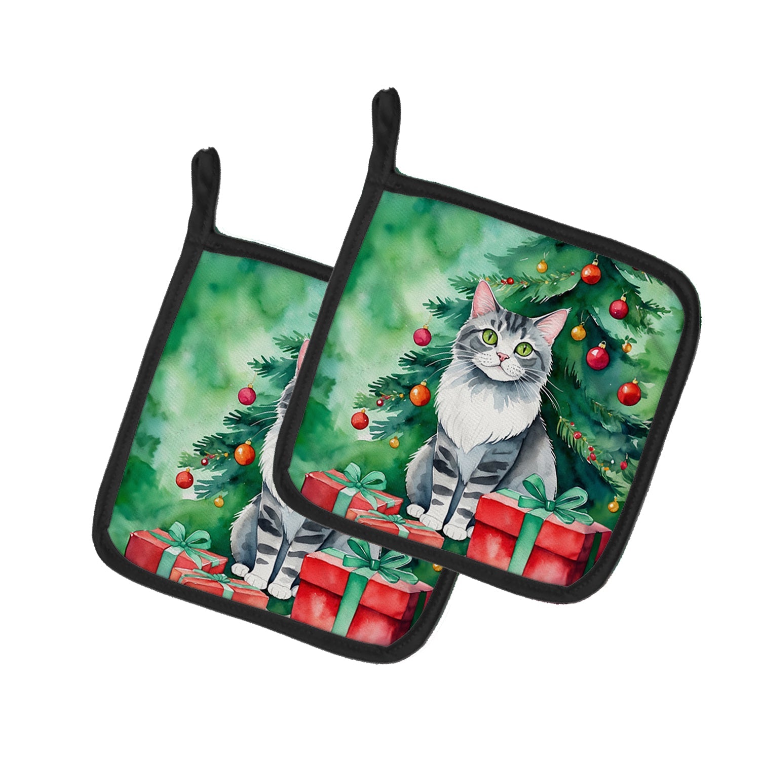 Foldex Exotic Fold Cat By the Christmas Tree Pair of Pot Holders