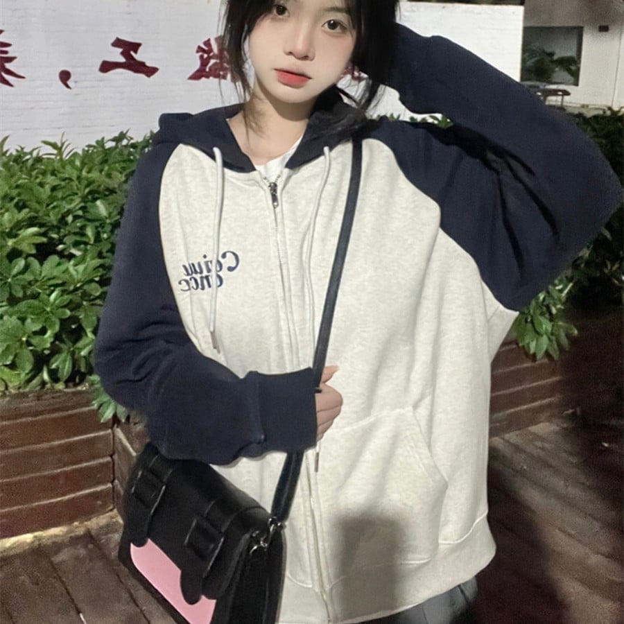 American Retro Women's Hooded Color Block Cardigan