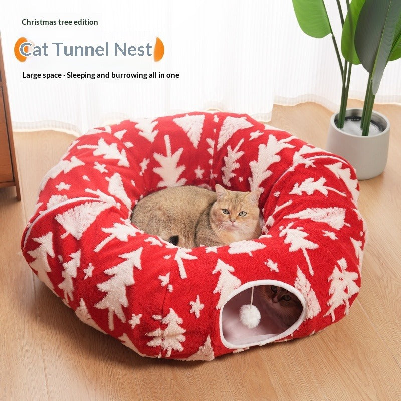Christmas Tree Cat Tunnel Flannel Pet Bed