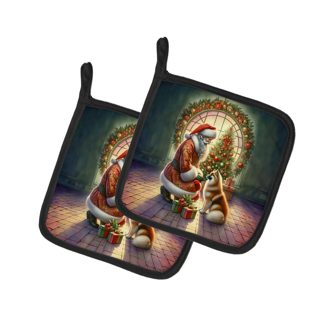 Finnish Spitz and Santa Claus Pair of Pot Holders