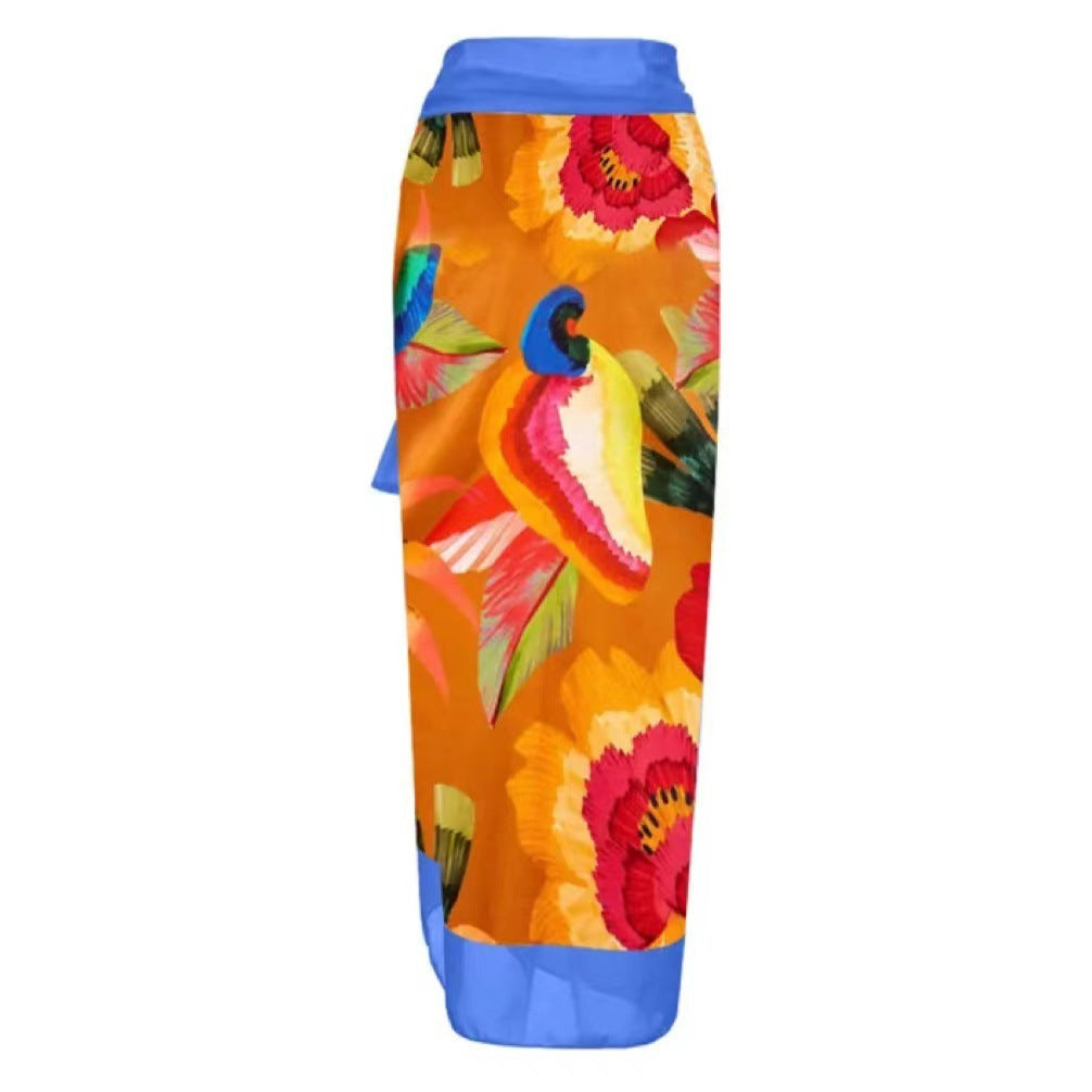 Retro Bird Print Two-Piece Swimsuit with Cover-Up