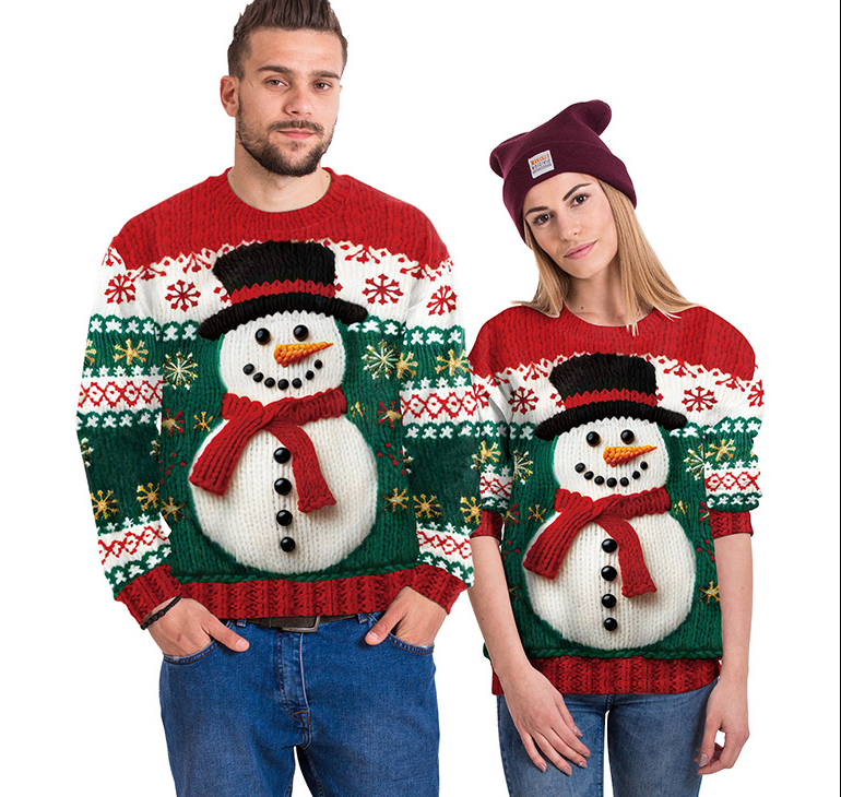 Women's Round Neck Sweater with Snowman Print