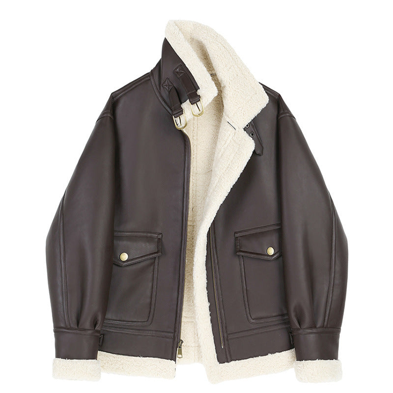 Korean Style Thick Plush Leather Coat for Women