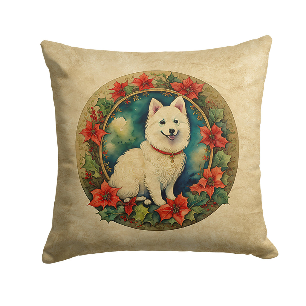 Japanese Spitz Christmas Flowers Throw Pillow