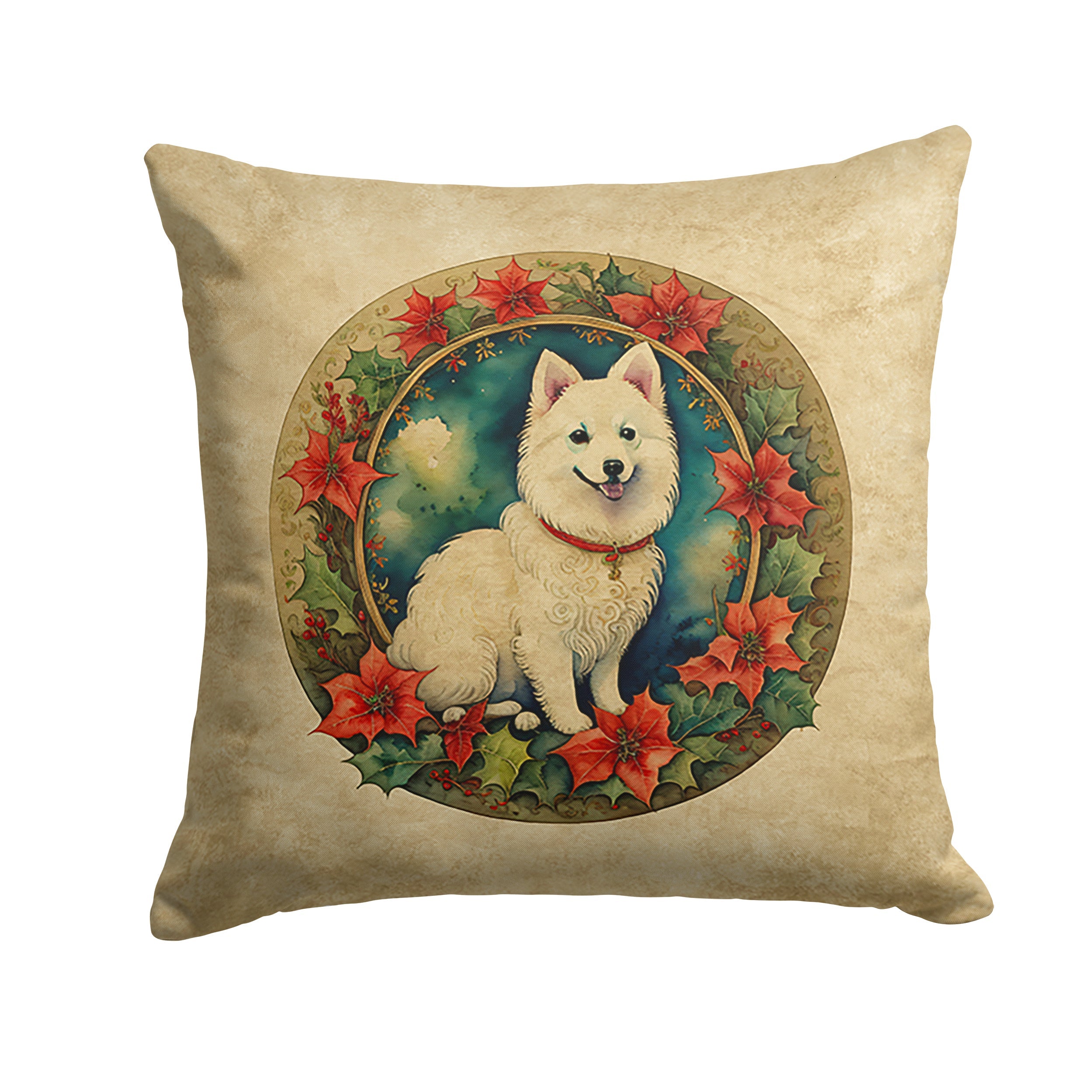 Japanese Spitz Christmas Flowers Throw Pillow