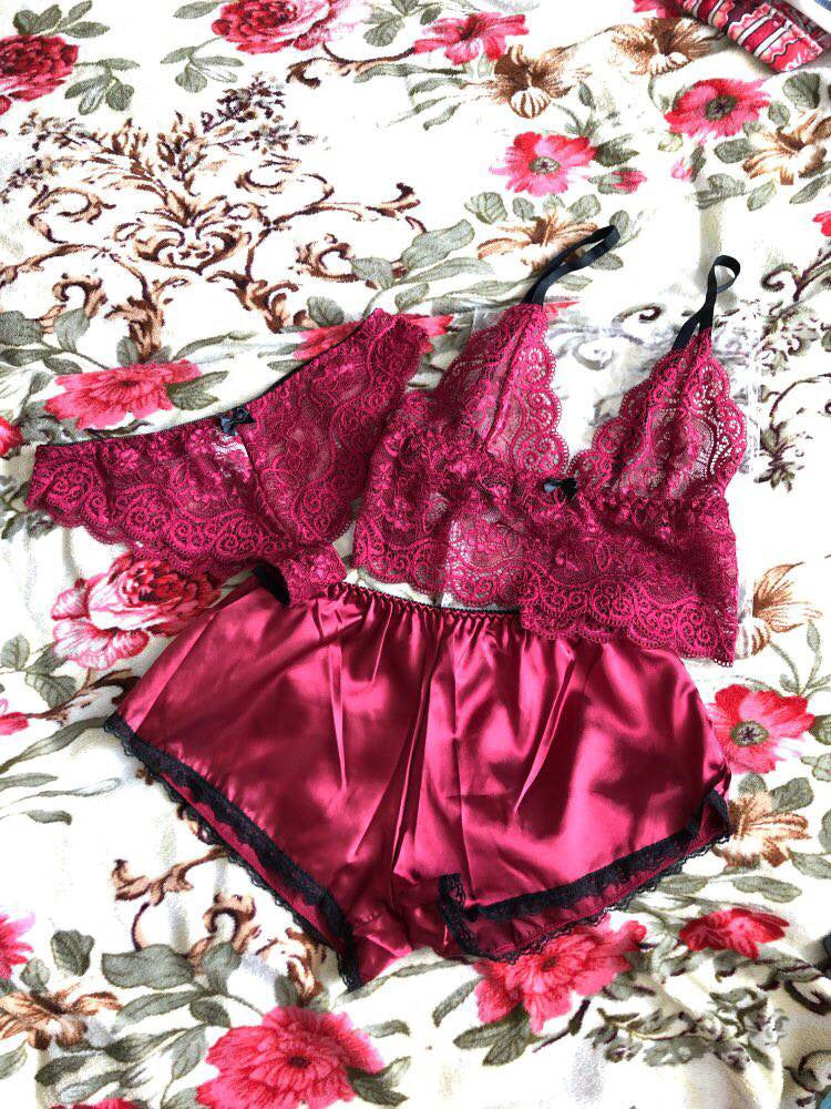 Lace and Satin Summer 3-Piece Sleepwear Set