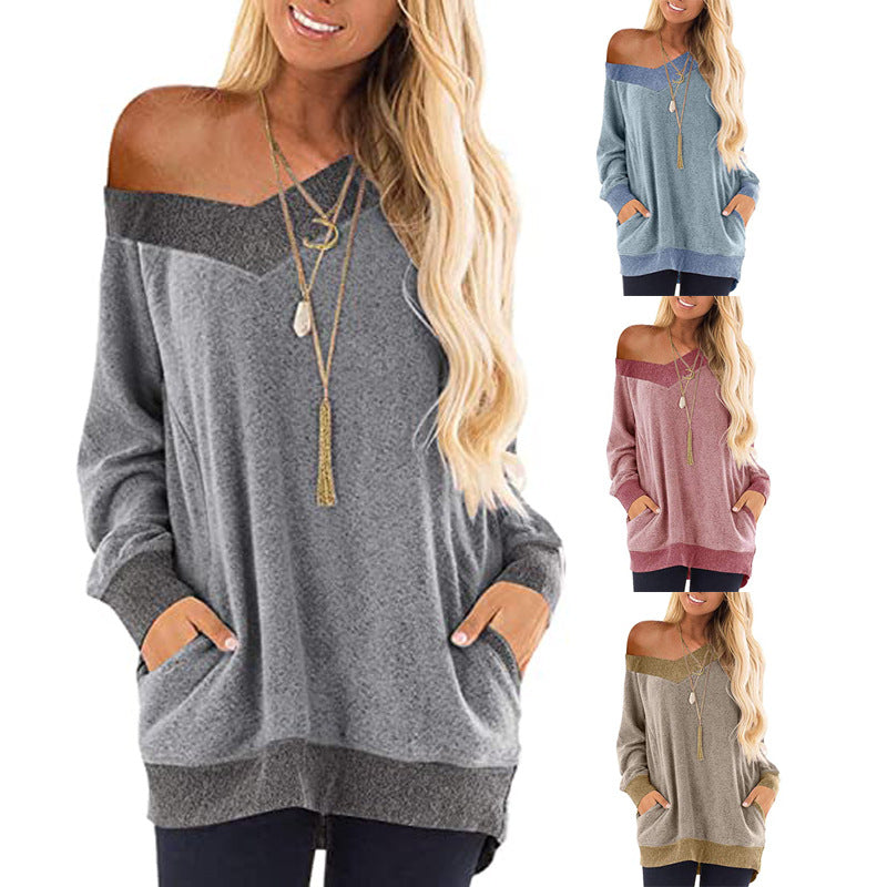 V-neck Long Sleeve Sweatshirt with Contrast Pocket | Streetwear
