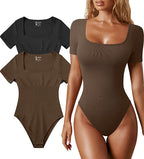 Summer Women's Ribbed Bodysuit with Square Neck
